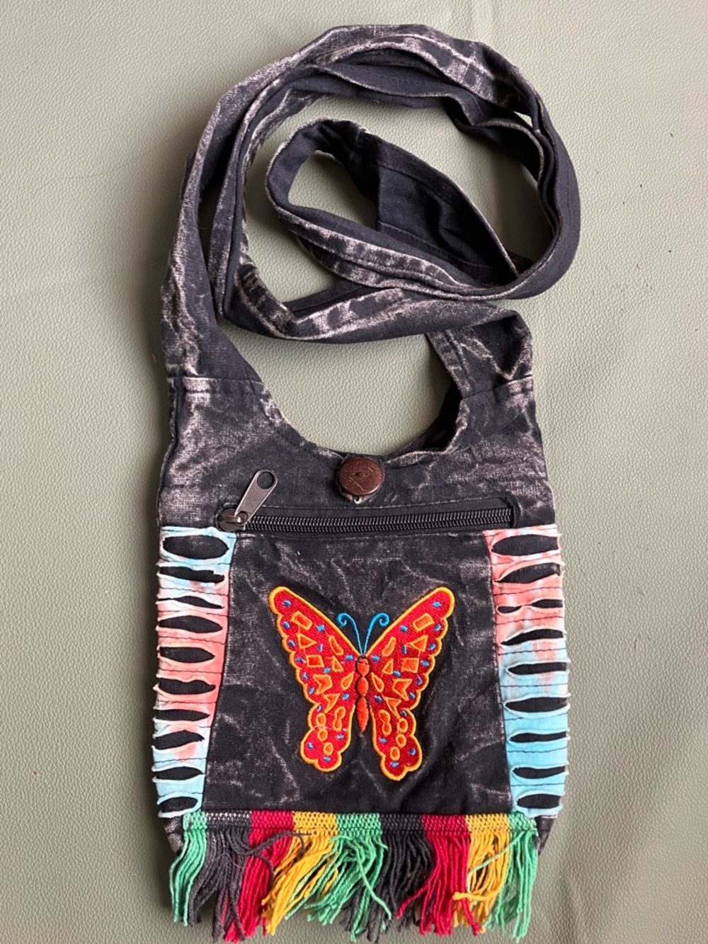 Boho Black Butterfly Crossbody Bag with Colorful Fringe